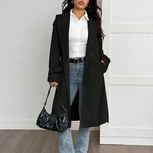 Black Casual Women's Commute Thermal Lined Trench Coat